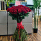 An opulent bouquet of 101 long-stemmed Ecuadorian red roses, tied with a satin ribbon, presenting a luxurious and voluminous arrangement against a white background.